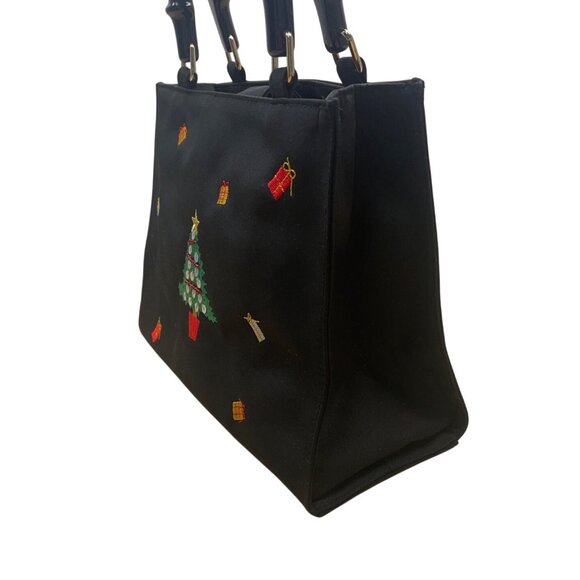 Tianni Women’s Black Christmas Embroidered Gift/Tree Bamboo Handles Handbag Sz S - Picture 4 of 9